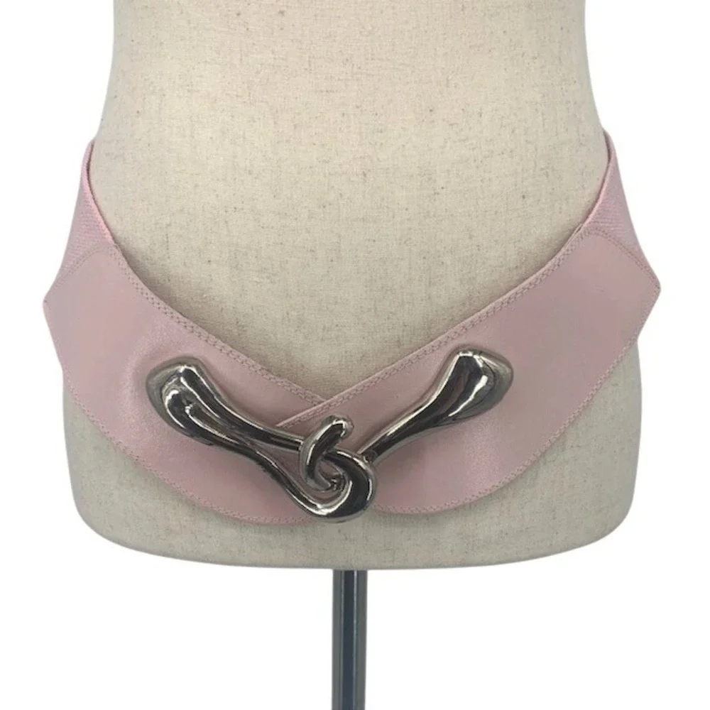 Y2K Pink Wide Stretch Belt M/L Silver Statement Buckle Retro Mod Cinch Waist